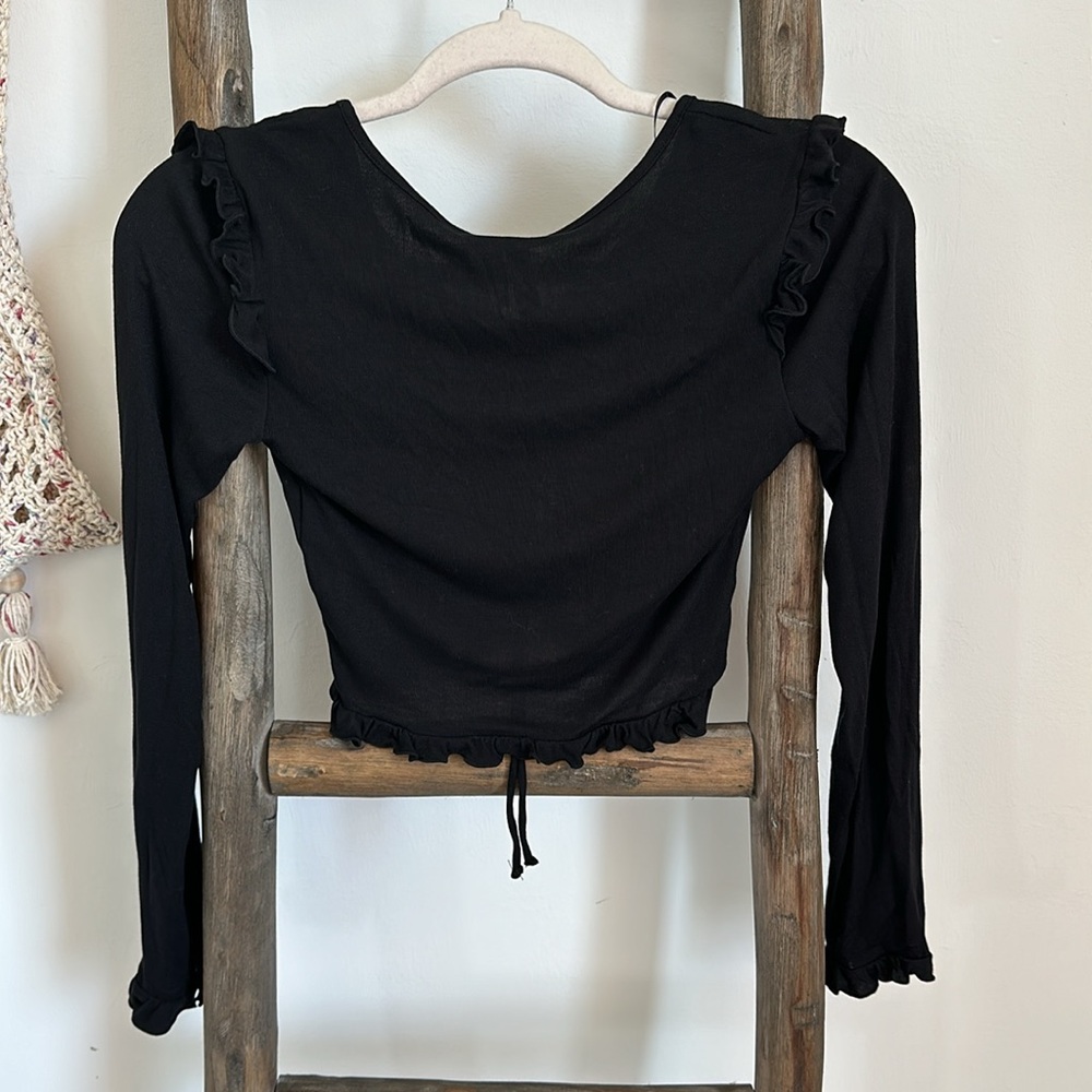 H&M Black Ribbed Drawstring-Detail Top / Size XS - Picture 9 of 13